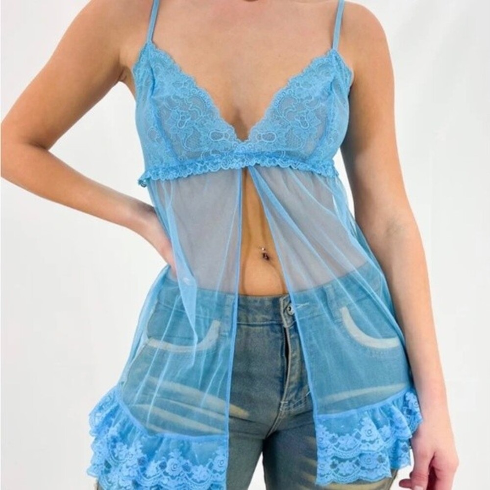 Victoria's Secret Y2k Blue Lace Front Split Sheer Tank Top Lingerie Size Medium